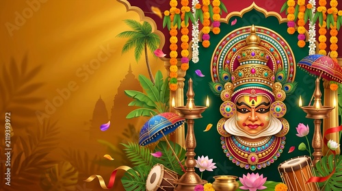 Ornate 3D Kathakali mask and Nilavilakku lamp Onam festival banner