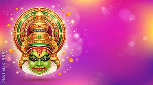 Vibrant 3D Kathakali mask against dreamy gradient Onam background