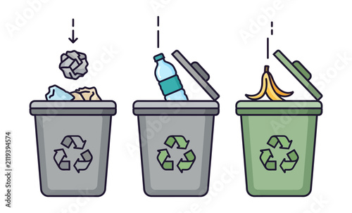 Waste Sorting Recycling Bin Icon Set