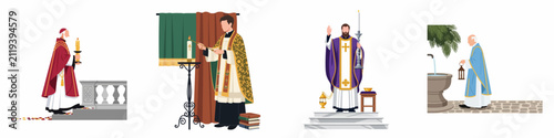 Foto Set of flat vector illustrations of Catholic priests in various liturgical vestments performing religious rituals and ceremonies