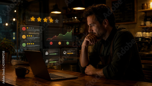 Dedicated cafe owner thoughtfully analyzes holographic customer feedback, star ratings, and sales performance data on laptop, optimizing his small business for growth and service excellence.