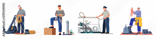 Fotografie Set of flat vector illustrations of sailors in striped shirts performing various tasks on a ship deck with ropes and anchors