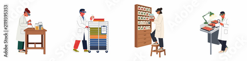 Фотография Scientists in lab coats conducting research and organizing heirloom seeds in a laboratory, flat vector illustration