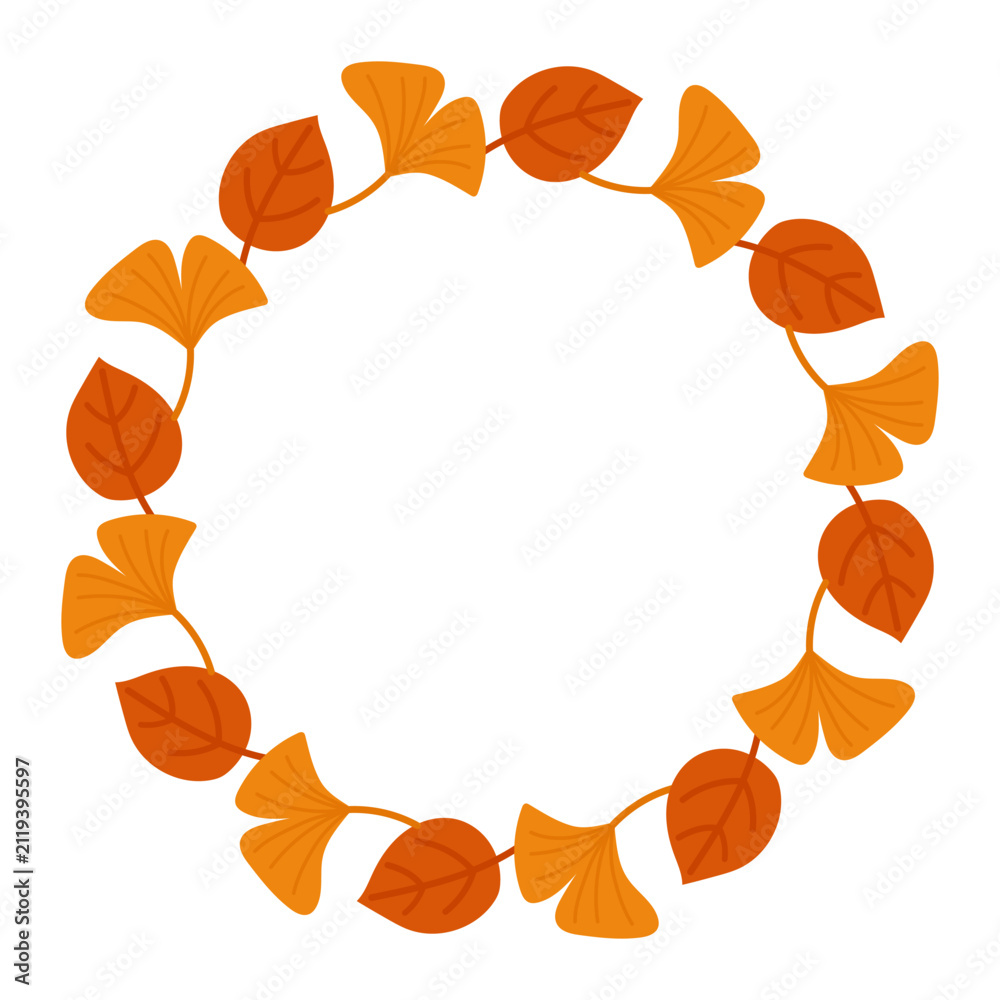 Fototapeta premium Elegant autumn wreath with maple and leaves in warm seasonal colors. Flat vector floral frame isolated on white background with circular copy space.