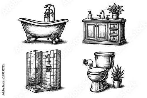 Vintage bathroom fixtures including a clawfoot tub, vanity, shower, and toilet