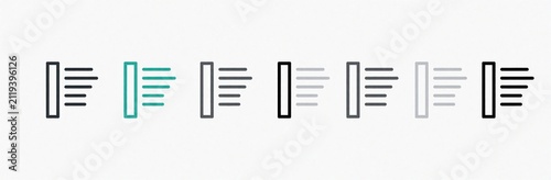 Set of alignment icons for user interface design. Thin line black, colored graphic symbols represent text justify position. Outline signs show document layout options. Digital art elements for web