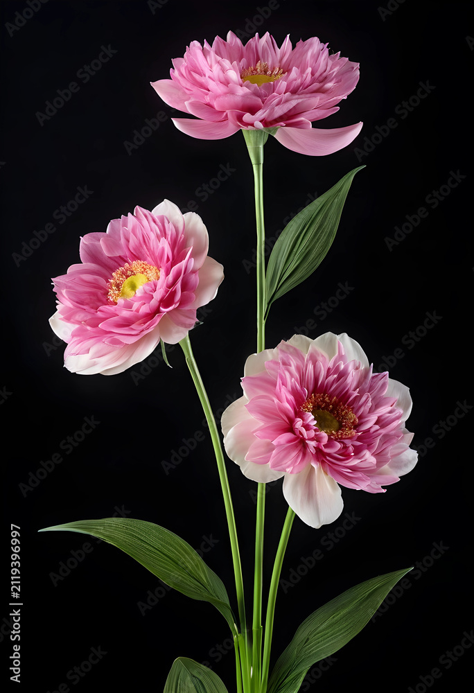 Obraz premium Three pink dahlia flowers with green stems and leaves on a dark black background, floral arrangement and botanical beauty
