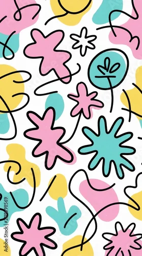 Panel kuchenny z motywem Abstract pattern with black doodle lines, pastel shapes on white background. Playful hand drawn graphic art in retro 80s 90s style. Simple geometric wallpaper texture with pink blue yellow blobs.