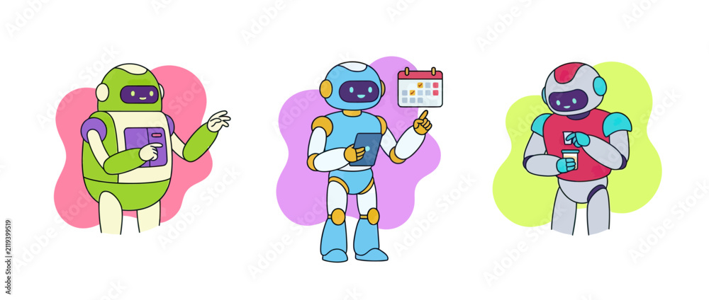 Fototapeta premium Cute Robots with Calendar and Gadgets, Vector Illustration