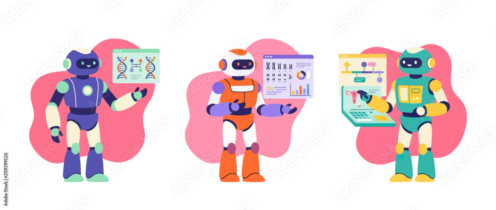 Naklejka premium Robots presenting data, science, and technology concepts in a modern flat illustration style