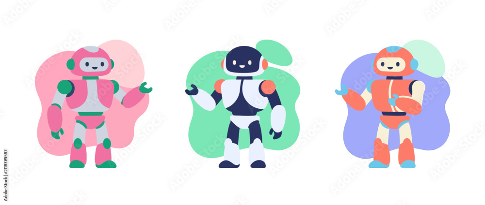 Fototapeta premium Three cartoon robots in different colors: pink, blue and orange, standing and waving. Futuristic concept.