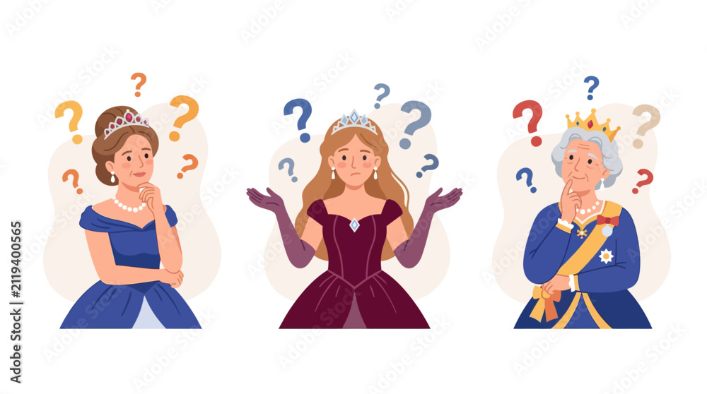 Fototapeta premium Three Queens Pondering with Question Marks - Royal Uncertainty and Decision Making Concept