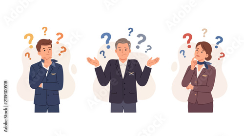 Bild auf Leinwand Confused Airline Crew Members with Question Marks Above Heads - Uncertainty and