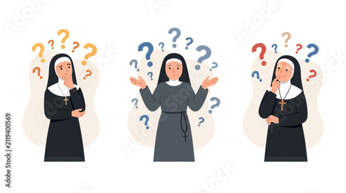Foto Three nuns in different ages contemplating with question marks, confusion, doubt