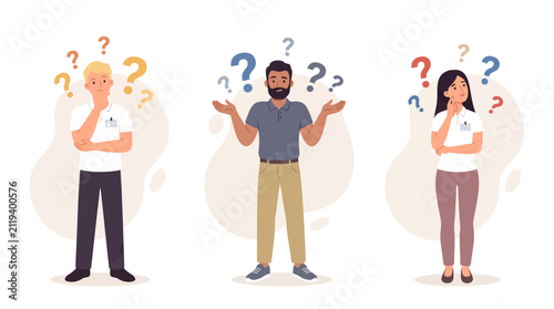 Foto Confused people questioning, thinking, doubt, uncertainty, indecision, asking qu