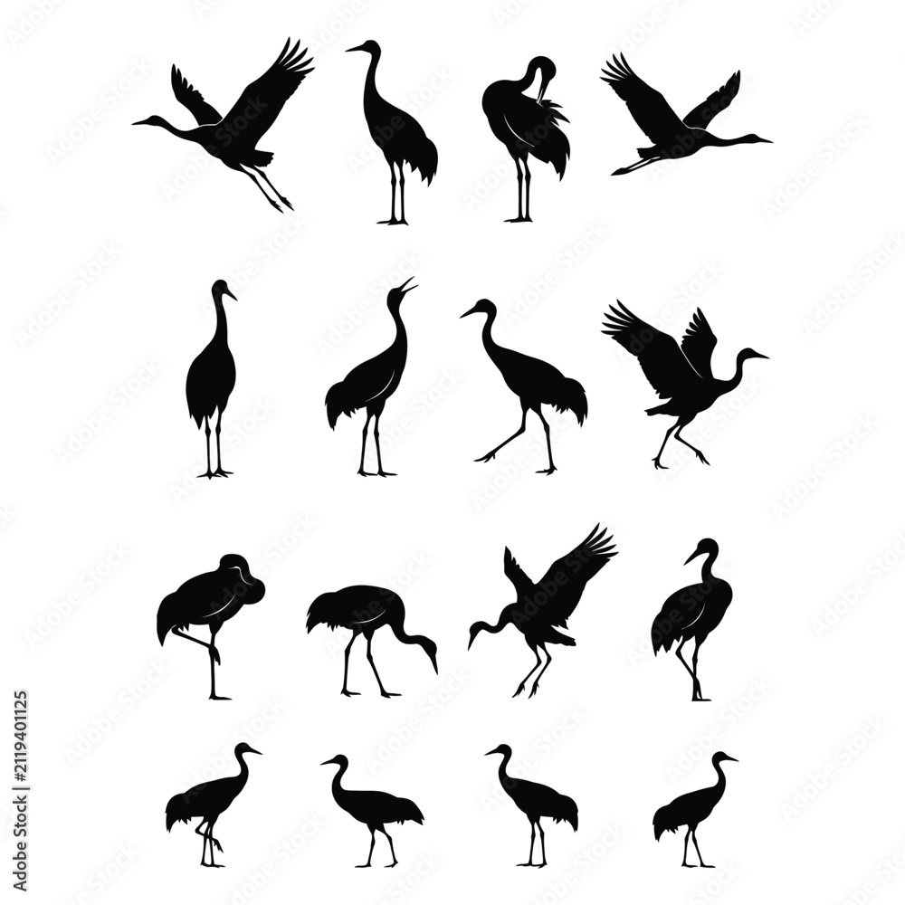 Fototapeta premium Crane bird silhouette vector icon set, black flying and standing crane, heron, stork, flamingo poses isolated on white background