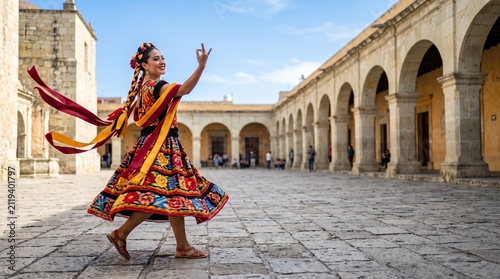 Solo Guelaguetza dancer crossing a sunlit Oaxaca plaza
