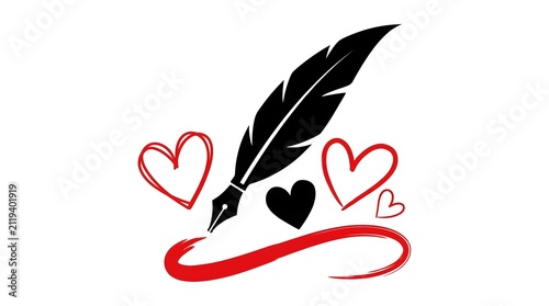 A vintage quill pen drawing with hand drawn red hearts and a decorative red line on white background