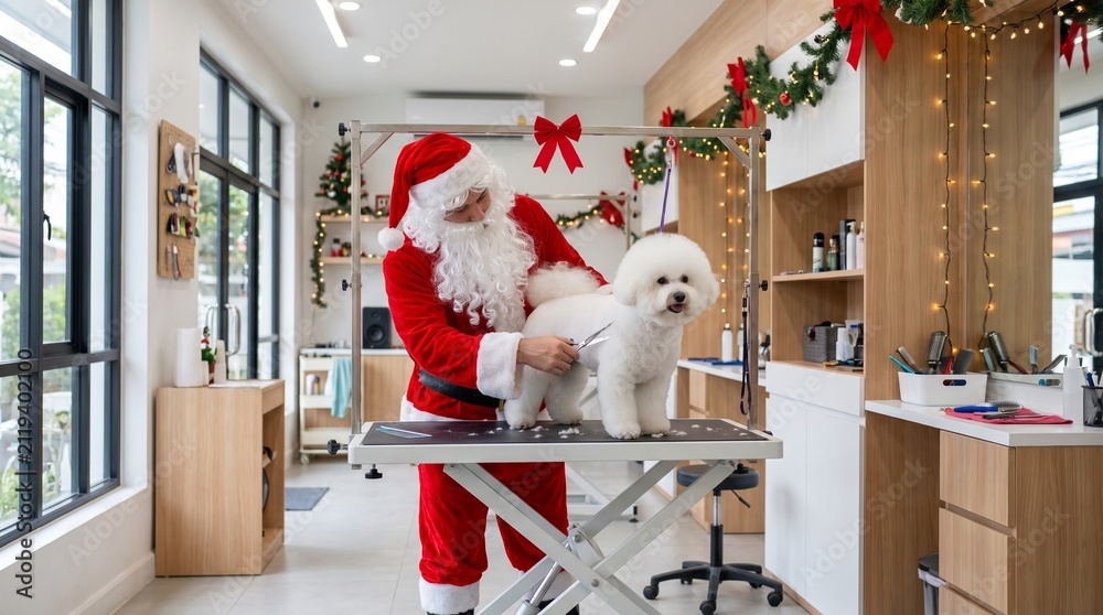Fototapeta premium Santa Claus grooming dog in pet salon decorated for Christmas 