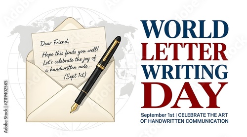 World letter writing day banner with a fountain pen on a piece of paper and world map background