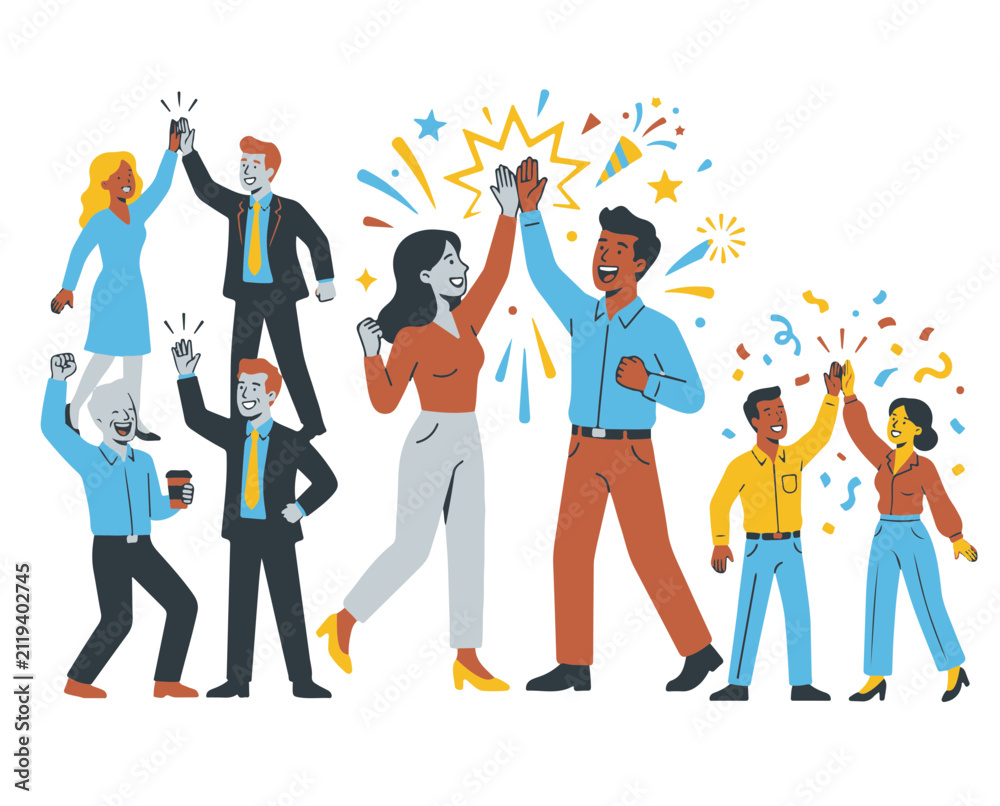 Obraz premium Successful Diverse Business Team Celebrating Achievement with High Fives and Confetti