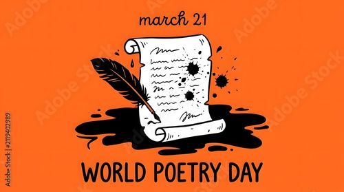 World poetry day illustration featuring a scroll and a feather quill pen on an orange background