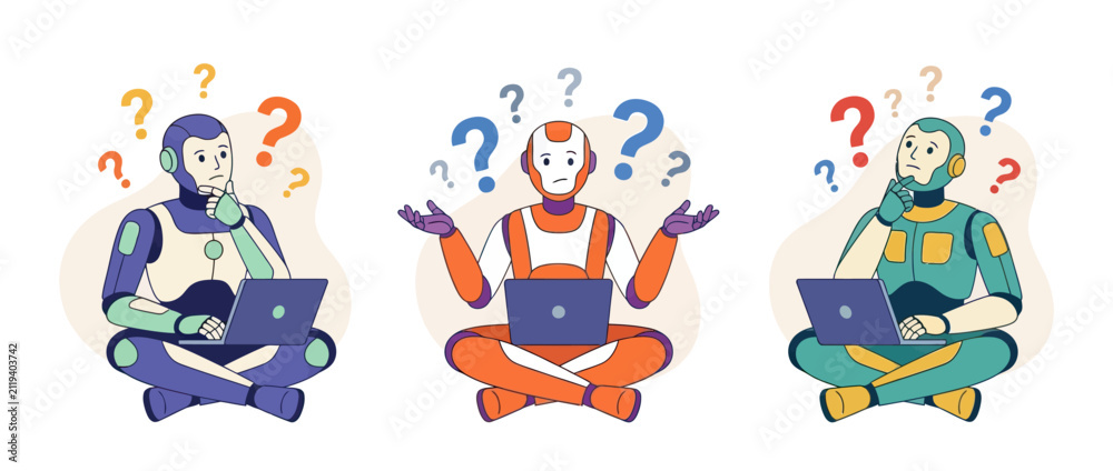 Fototapeta premium Robots contemplating with question marks and laptops, concept of artificial intelligence doubt, thinking, confusion, problem solving