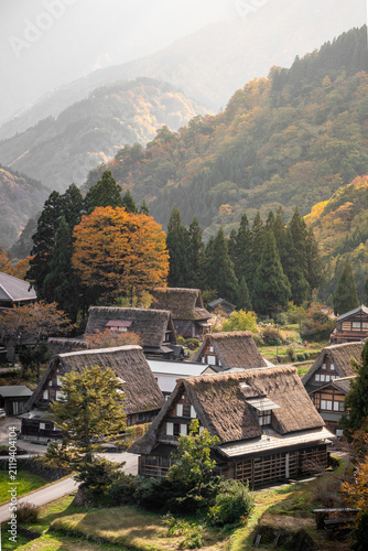 Stunning panoramic view of Gokayama, a historic mountain village in Toyama Prefecture, Japan, known for its traditional Gassho-zukuri farmhouses and UNESCO World Heritage status.