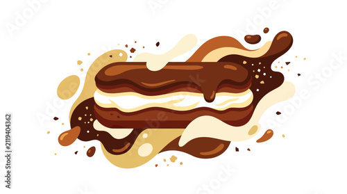Картината върху платно Delicious Chocolate Eclair with Cream Filling and Swirling Sauce Splashes