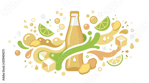 Foto Refreshing Ginger Ale Bottle with Lime, Ice Cubes, and Bubbles - Vibrant Beverag
