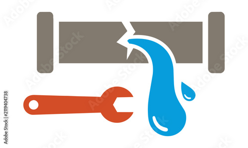 Plumbing repair icon with a cracked pipe leaking water and a maintenance wrench isolated on white background, home improvement and professional service concept