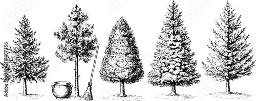 Engraved vintage halloween conifer trees with cauldron and broom for seasonal background and banner design