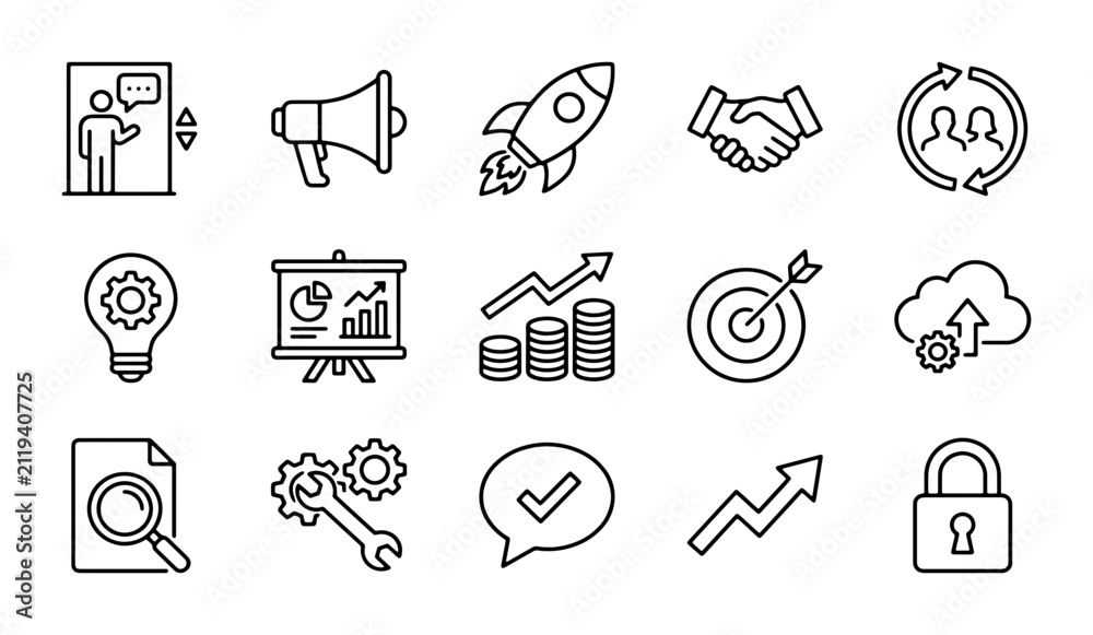 Fototapeta premium Business growth and startup icons set, 15 black outline vector symbols for corporate strategy, marketing and financial success icons