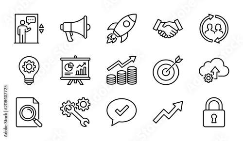 Business growth and startup icons set, 15 black outline vector symbols for corporate strategy, marketing and financial success icons
