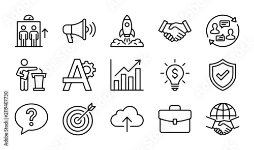 Modern business line icons set, 15 professional startup and corporate vector elements, minimalist marketing and finance symbols for web design
