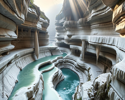 Canyon architectural futuriste avec bassins d'eau turquoise en cascade et faisceaux de lumière traversant des parois sculptées en spirale