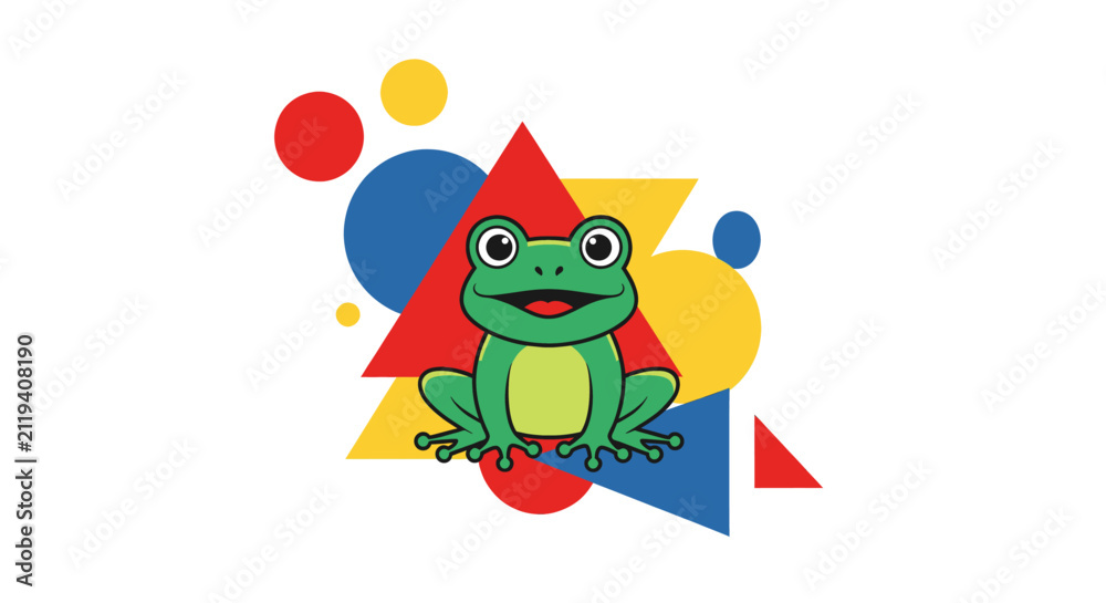 Obraz premium Bright cartoon frog illustration with vibrant geometric shapes.