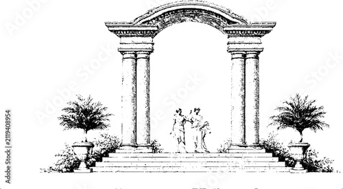 Vintage engraved roman arch with stairway and classical figures for fresco style background and architectural design