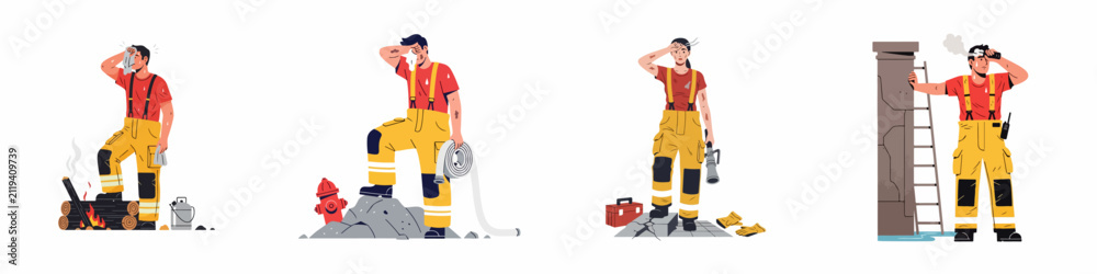 Obraz premium Set of illustrations showing exhausted firefighters in uniform wiping sweat and resting after extinguishing fires in various demanding emergency situations.