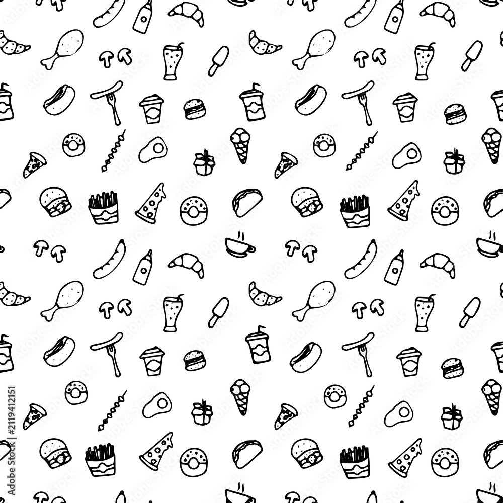 Hand-drawn fast food seamless pattern vector illustration, black and white outline doodle background design