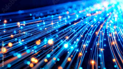 Glowing Fiber Optic Cables with High-Speed Data Transmission on Futuristic Digital Network