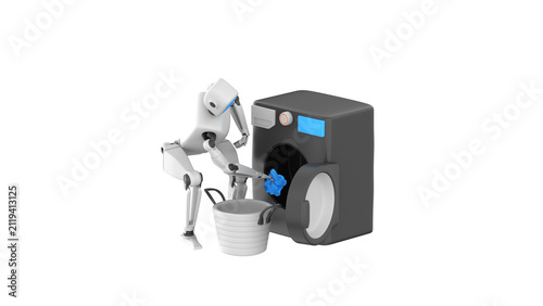 Humanoid robot performing a household chore by taking textile items from a laundry basket and placing them into a washing machine
