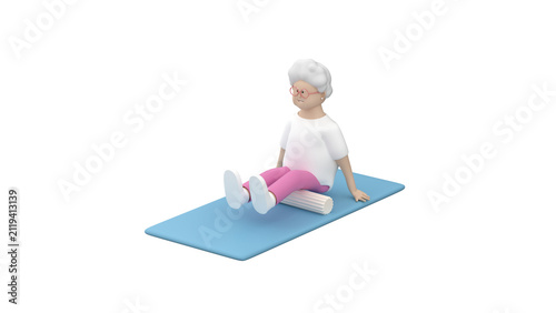 Elderly female performing a foam rolling exercise for the hamstrings on a fitness mat