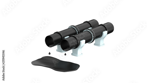 Two oil pipes dripping crude oil into a dark puddle