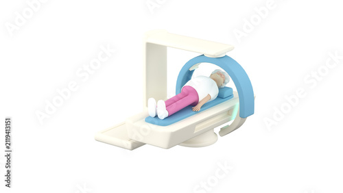 Elderly woman lying on a modern X-ray scanner with a moving scanning part, 3d render