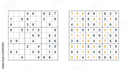 Sudoku puzzle game with unsolved grid on the left and solved grid with golden numbers on the right. Brain training exercise for Alzheimer's prevention.
