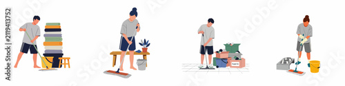 Quadro su tela Set of flat vector illustrations showing diverse people engaged in home cleaning activities such as mopping floors and organizing household items
