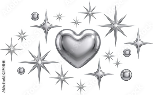 A large polished chrome heart shape positioned centrally and surrounded by numerous shimmering metallic star bursts and small spherical orbs creating a decorative composition of luxury style