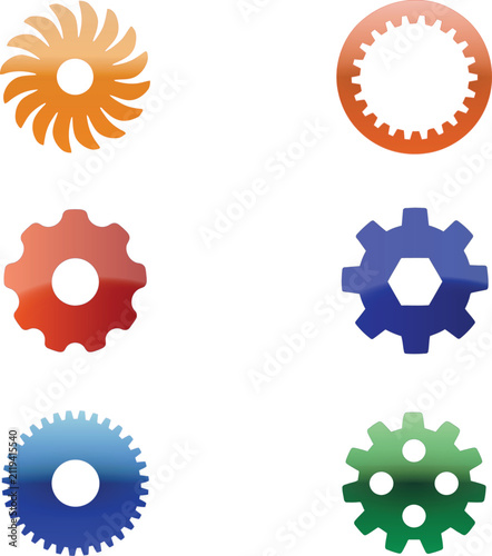 Obraz na plátně A high-quality collection of six unique gear and cogwheel vector icons featuring vibrant colorful gradient finishes