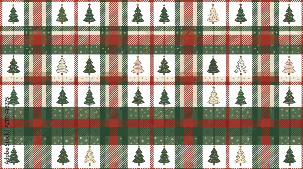 Obraz premium Seamless Retro Christmas Tree Pattern Featuring Handdrawn Fir Silhouettes and Festive Winter Holiday Plaid Design with Geometric Seasonal Ornamentation for Textile and Wrapping Paper.